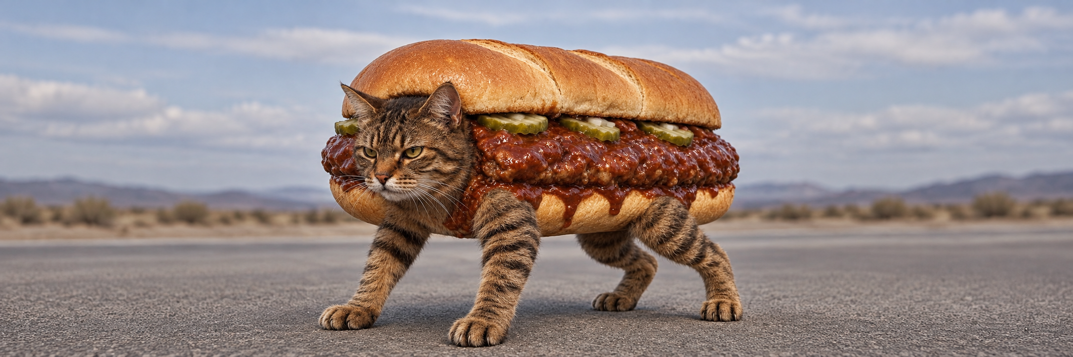 A tabby cat with a barbecue rib sandwich for a body, standing on a desert highway